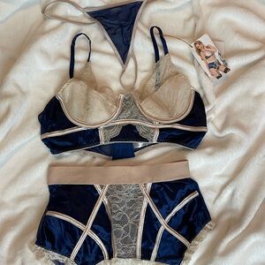 Luxurious Lace and Satin Bra in Navy and Beige